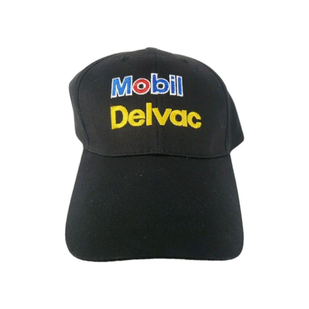 Mobil Delvac Oil Hat Cap NASCAR Racing Lubricant NEW Black Embroidered Strapback
